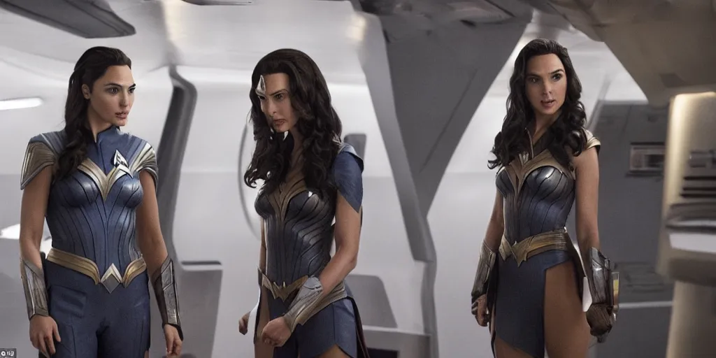 Image similar to gal gadot, in full starfleet uniform, is the captain of the starship enterprise in the new star trek movie