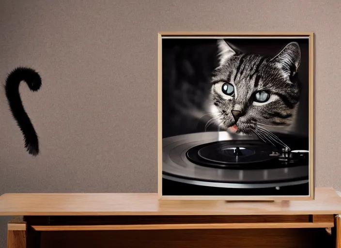 Image similar to photography of a Cat sitting on a record player. in a room full of posters, photorealistic, raining award winning photo, 100mm, sharp, high res