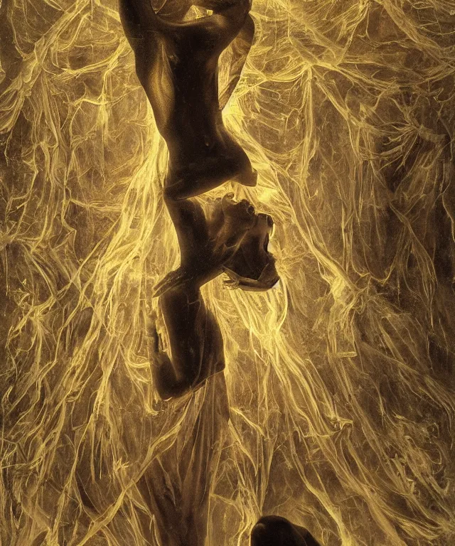 Image similar to The dark room without doors and windows with beautiful full-body wax sculpture of the glowing transparent woman with visible golden bones inside her in the singularity where stars becoming baroque folds of dark matter by Michelangelo da Caravaggio, Nicola Samori, William Blake, Alex Grey and Beksinski, dramatic volumetric lighting, super detailed oil painting, 8k, masterpiece