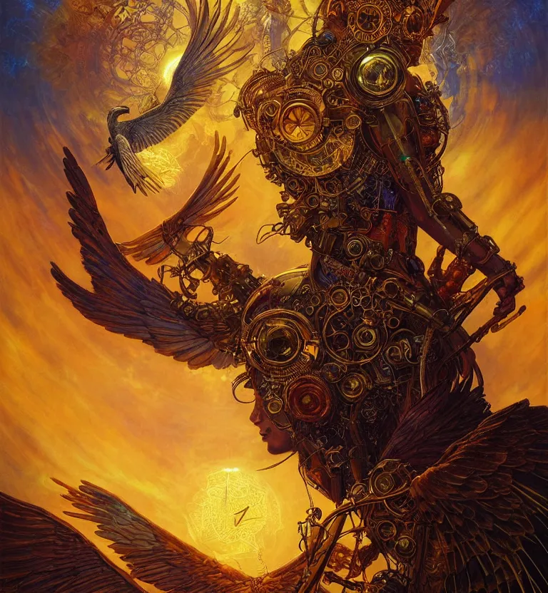 Image similar to a beautiful tarot card artwork of a cyberpunk seraphim in nature, backlit, highly detailed, golden hour, digital painting, by karol bak and justin gerard and dan mumford and artgerm, vivid colors, masterpiece, detailed shading, 8 k resolution, intricate, smooth