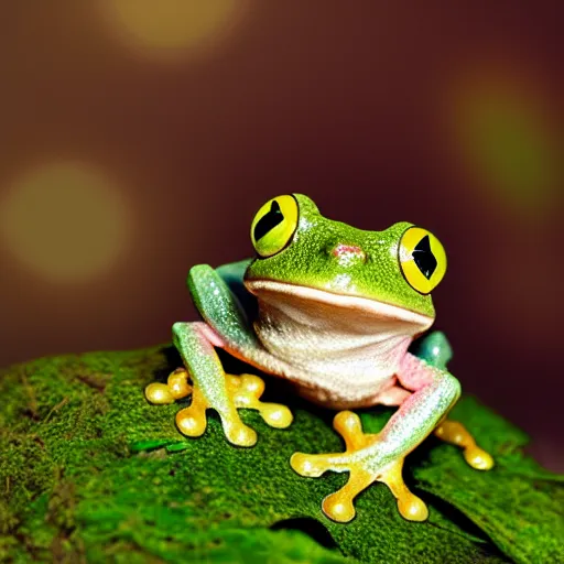 Image similar to cute mossy tree frog going to school, octane render, cute