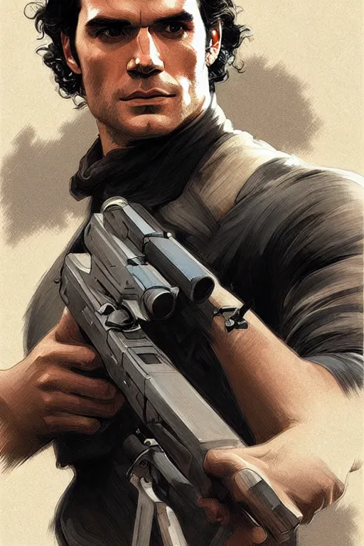 Image similar to portrait of henry cavill as james bond, casion, rifle, highly detailed, digital painting, artstation, concept art, cinematic lighting, sharp focus, illustration, art by artgerm and greg rutkowski and alphonse mucha