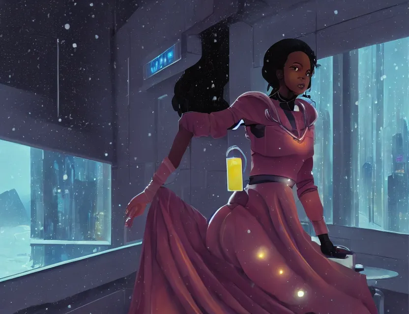 Image similar to black - skinned scifi princess in a snowy mountain cafe, wearing a lovely dress with cyberpunk elements. this oil painting by the award - winning mangaka has an interesting color scheme and impeccable lighting.