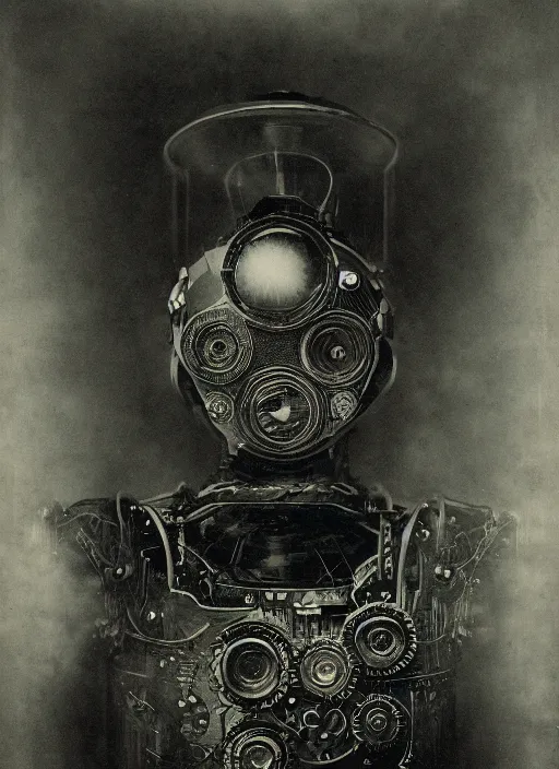 Image similar to old wetplate daguerreotype portrait of futuristic robot, dubbel negative exposure, explosion of data fragments, fractal, intricate, elegant, highly detailed, parallax, leica, medium format, subsurface scattering, by jheronimus bosch and greg rutkowski and louis jacques mande daguerre