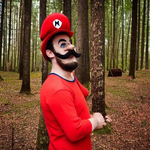 Image similar to italian man with a mustache dressed as mario wearing a solid red mario hat drooling, eyes rolled back, looking at red mushroom with white spots, in a forest 50mm lens, f1.8.