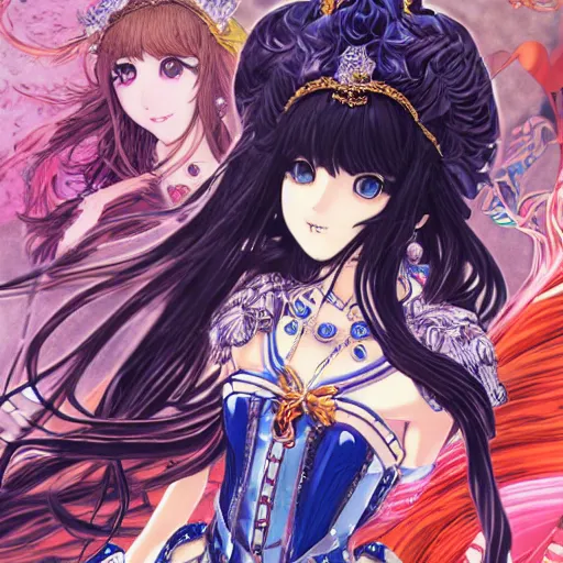 Image similar to exquisite imaginative fate manga poster of princess, long wavy hair, armor, ruffles, by shigenori soejima, minaba hideo, katsuhiro otomo, jump comics, fluorescent, illustration, artstation, dark fantastic, highly detailed, 8 k, maximalist