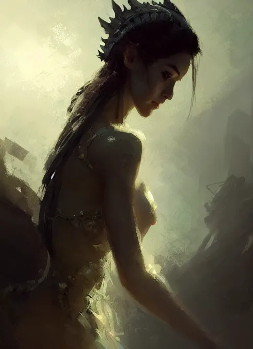 Image similar to female dragon girl, beautiful face, rule of thirds, intricate outfit, spotlight, by greg rutkowski, by jeremy mann, digital painting