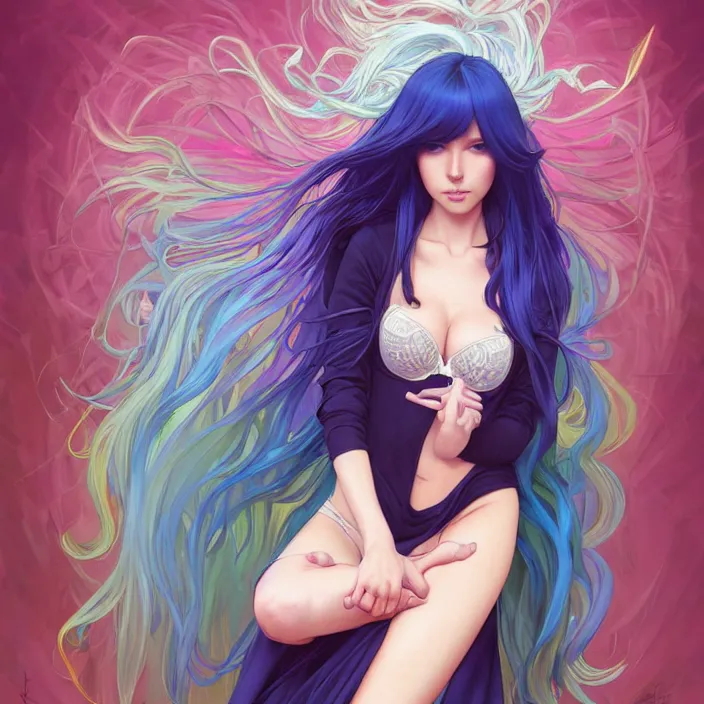 Image similar to full body portrait, a beautiful symmetrical gorgeous anime girl, rainbow hair, attractive, casual, modern, victoria's secret, highly detailed, digital painting, artstation, concept art, smooth, sharp focus, illustration, art by artgerm, greg rutkowski and alphonse mucha, 8 k,