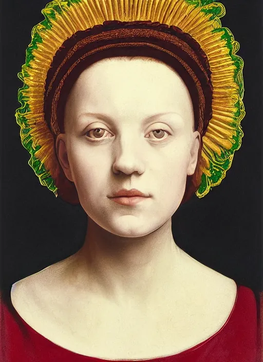 Image similar to portrait of young woman in renaissance dress and renaissance headdress, art by oliviero toscani