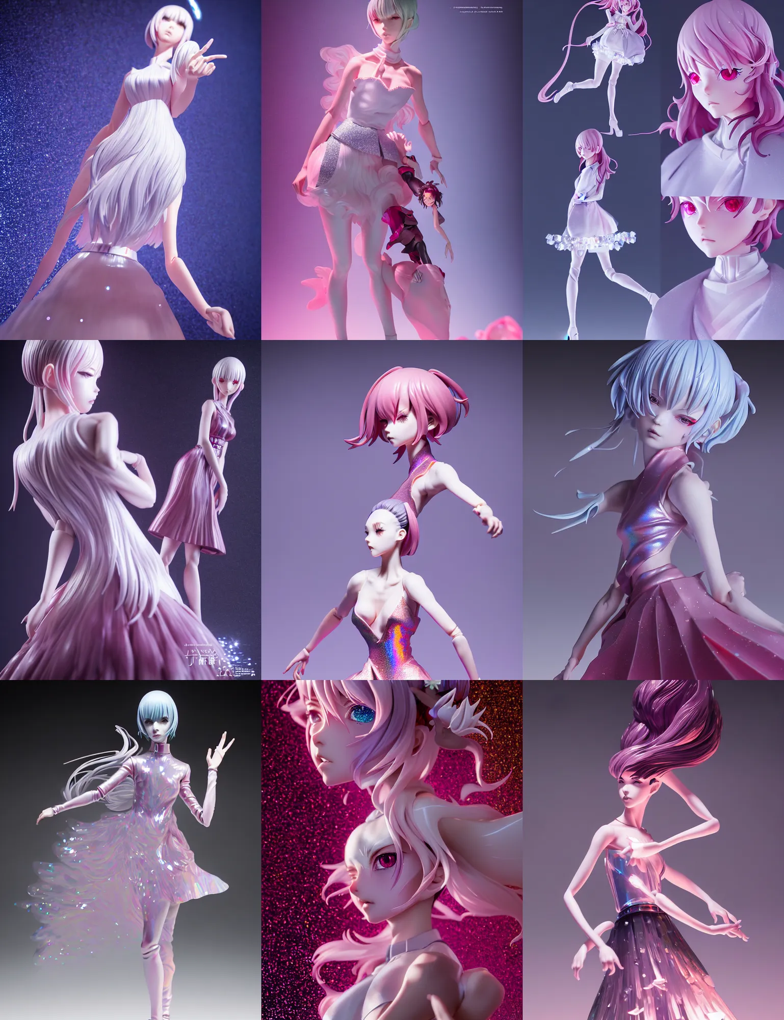 Prompt: sakimi, james jean, ilya kuvshinov isolated magical anime haute couture vinyl figure, artisan designer figure photography, glitter accents on figure, crystal holographic undertones, expert human proportions, high detail, ethereal lighting, rim light, expert light effects on figure, sharp focus, dramatic composition and glowing effects unreal engine, octane, editorial awarded best character design