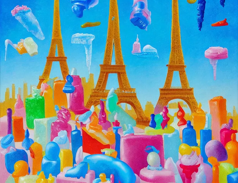 Prompt: a funny impressionistic painting of ice sculptures made of colorful icecream in the shape of the skyline of paris with eiffel tower on a very sunny summer day, very hot and the ice is melting fast and people are swimming their way through in the icecream in the style of james jean and fernando botero