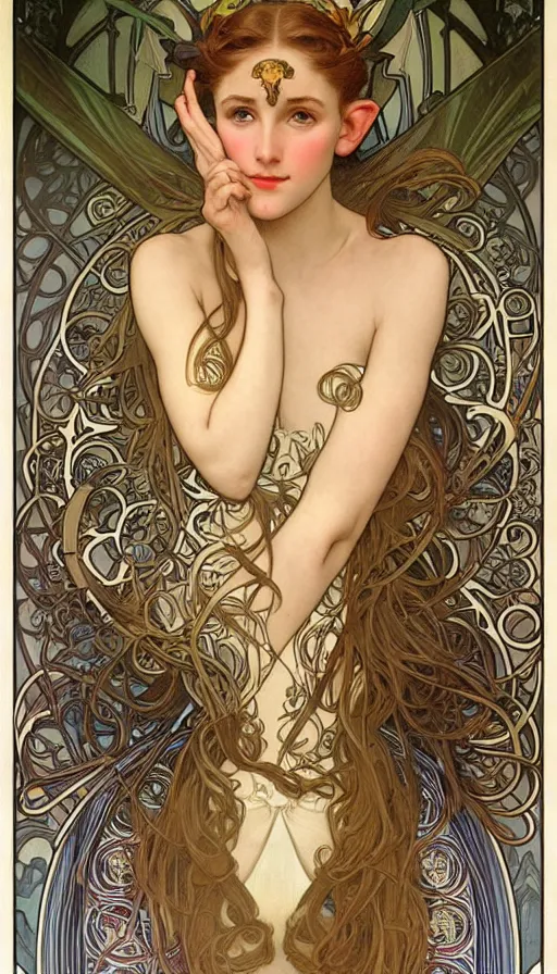 Prompt: realistic detailed face portrait of a beautiful young elf woman by Alphonse Mucha, Greg Hildebrandt, and Mark Brooks, Art Nouveau, spirals, Neo-Gothic, gothic, Art Nouveau, 8K