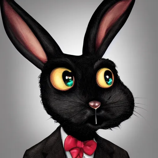 Image similar to A extremely highly detailed majestic hi-res beautiful, highly detailed head and shoulders portrait of a scary terrifying, horrifying, creepy black cartoon rabbit with scary big eyes, earing a shirt laughing in the style of Walt Disney