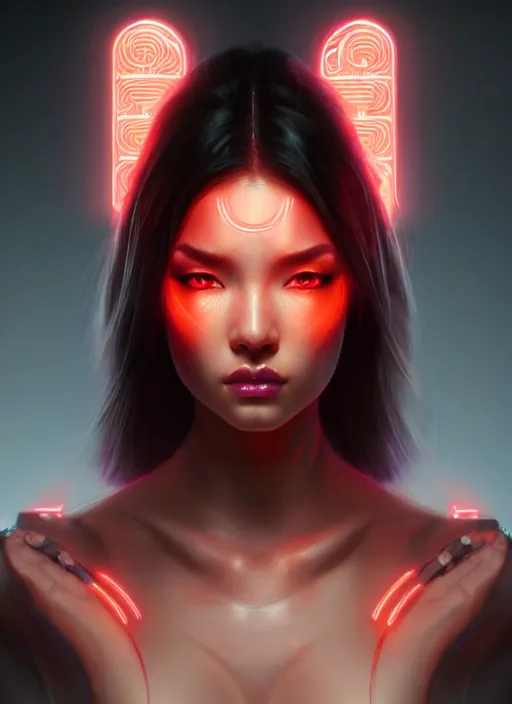 Image similar to portrait of female oriental humanoid, intricate, elegant, cyber neon lights, highly detailed, digital photography, artstation, glamor pose, concept art, smooth, sharp focus, art by artgerm and greg rutkowski