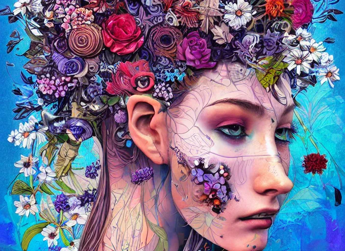 Image similar to a painting of a beautiful cyborg girl with a lot of flowers, blueberries and exotic plants on its head, poster art by android jones, behance contest winner, generative line art, made of flowers, grotesque, concert poster