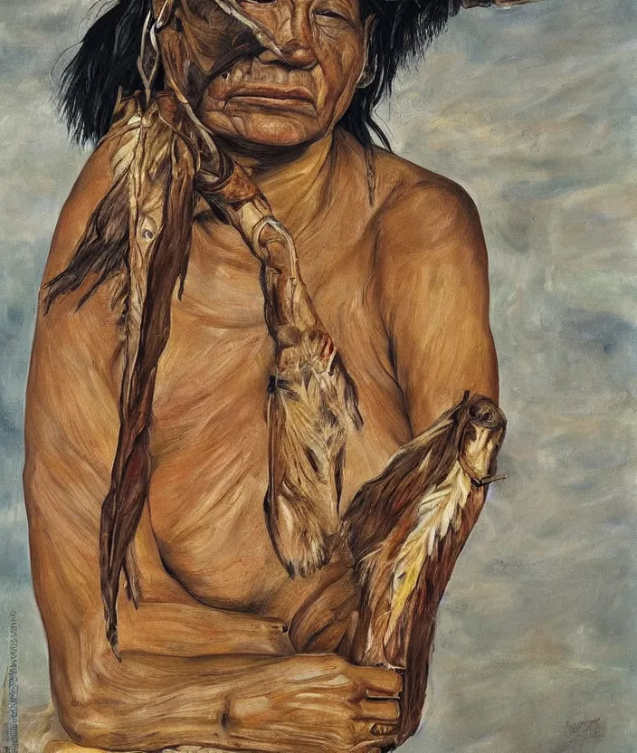 Prompt: indigenous woman hunting, painted by lucian freud, hd, super detailed, realistic, muted colors