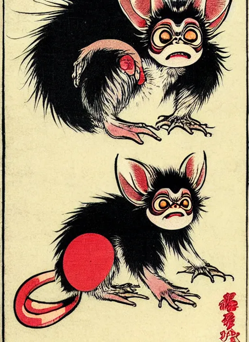 Prompt: a mogwai from gremlins ( 1 9 8 4 ) as a yokai illustrated by kawanabe kyosai and toriyama sekien