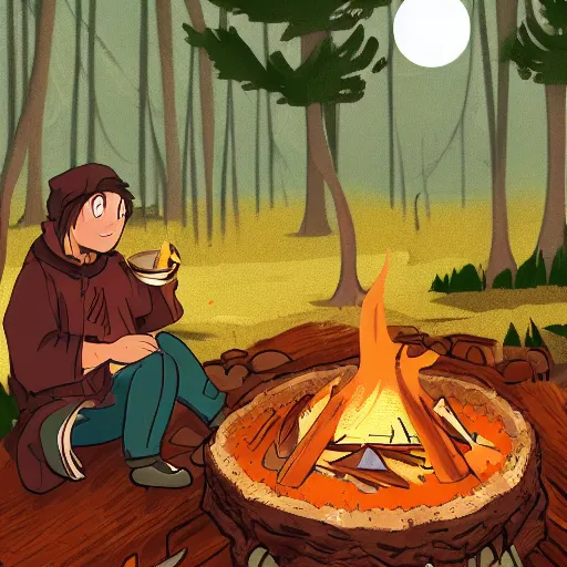 Prompt: A nomadic merchant sitting at a campfire enjoying a bowl of soup at night in a forest, digital art, wide shot, anime.