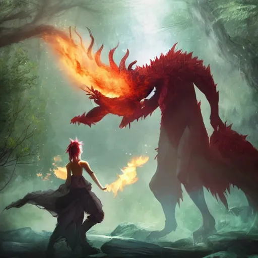 Image similar to fire magician fighting an elemental monster in a forest, by final fantasy, inspired by final fantasy, by charlie bowater, realistic, highly detailed, trending on artstation, 4 k, ultra detailed, soft light