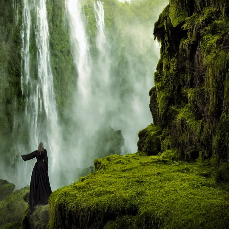 Image similar to dark and moody 1 9 8 0's artistic color spaghetti western film, a giant tall huge woman in an extremely long dress made out of waterfalls, standing inside a green mossy irish rocky scenic landscape, huge waterfall, volumetric lighting, backlit, atmospheric, fog, extremely windy, soft focus