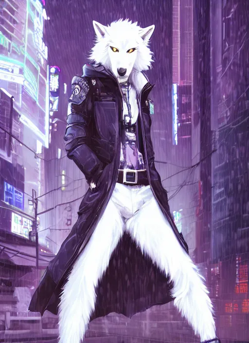 Image similar to character portrait of a male anthro white wolf fursona with a tail and a cute beautiful attractive furry face wearing stylish cyberpunk clothes in a cyberpunk city at night while it rains. hidari, color page, tankoban, 4K, tone mapping, Akihiko Yoshida.