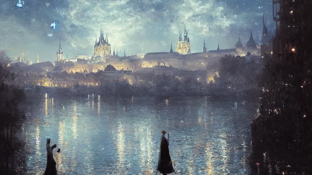 Image similar to a beautiful painting of a view from the river of a arabian prague cathedral palaces, at night with a sky full of stars, intricate, elegant, highly detailed, digital painting, artstation, concept art, by krenz cushart and artem demura and john williams waterhouse