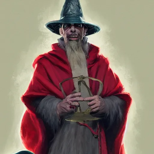 Image similar to portrait of rincewind wearing bright red wizard robe and hat by greg rutkowski