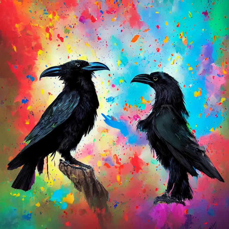 Image similar to colorful illustration of black raven bird, colorful splatters, by andy wrahol and zac retz and kezie demessance