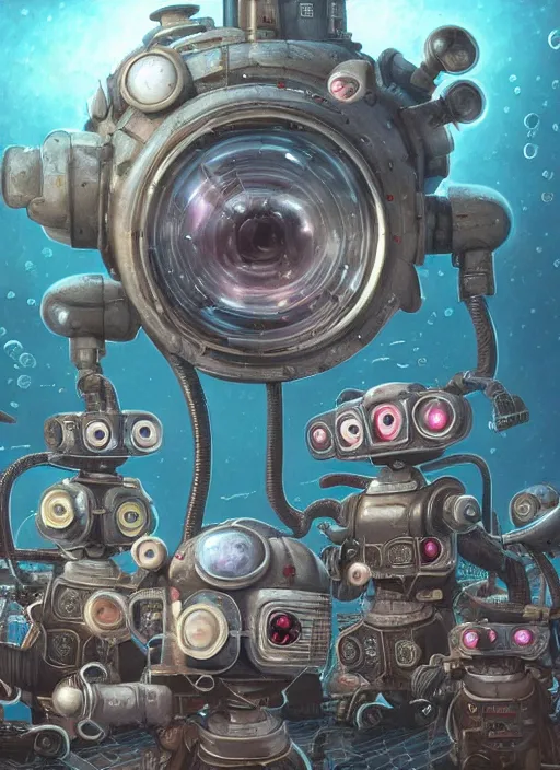 Image similar to highly detailed closeup, group portrait of a retro robots deep sea diving, unreal engine, nicoletta ceccoli, mark ryden, earl norem, lostfish, global illumination, detailed and intricate environment