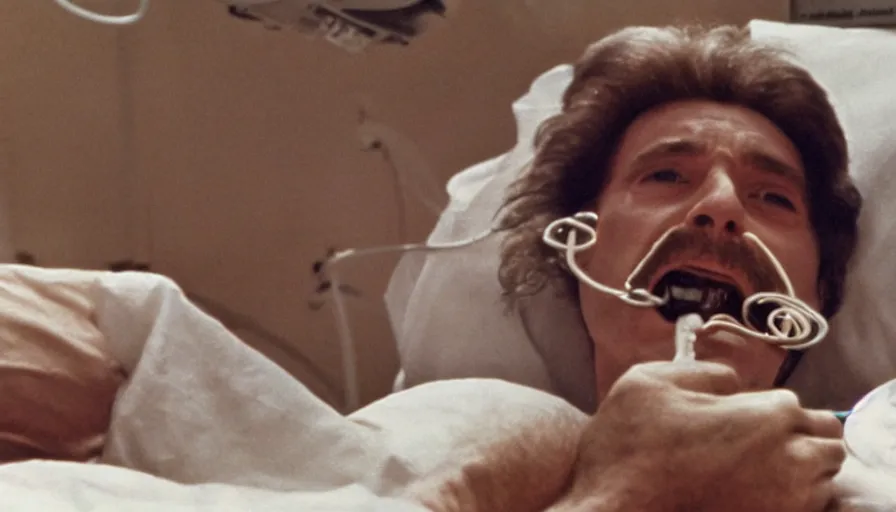 Image similar to 70s movie still of a man with a spiral in the mouth in hospital, eastmancolor, heavy grain, high quality, higly detailed, liminal space