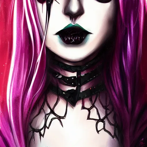 Image similar to a girl wearing gothic clothes, purple lipstick, highly detailed, digital painting, artstation, concept art, smooth, sharp focus, illustration