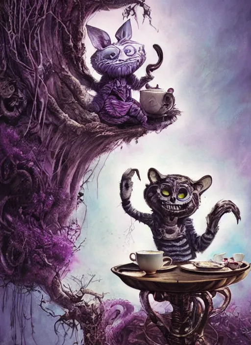 Image similar to Cheshire Cat drinking tea with Alice in wonderland,death tarot card,highly detailed,half skull face,cinematic,8k,by Stanley Artgermm,Tom Bagshaw,Greg Rutkowski,Carne Griffiths, Ayami Kojima, Beksinski, Giger,trending on DeviantArt,hyper detailed,horror, full of colour