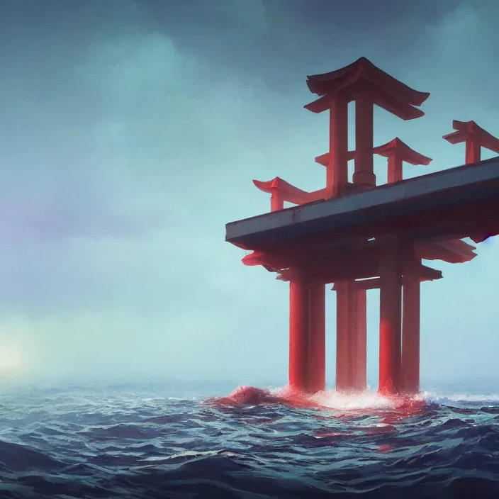 Image similar to a beautiful painting of a torii at sea by simon stalenhag and zdzisław beksinsk and greg rutkowski, in style of digital art. hyper detailed, sharp focus, soft light. octane render. ray tracing. trending on artstation