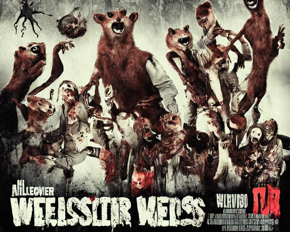 Image similar to a horror movie poster featuring killer animatronic weasels