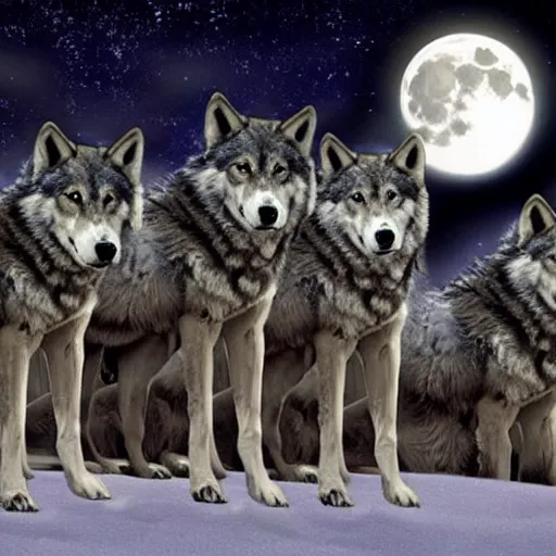 Prompt: a pack of wolves with a full moon in the background