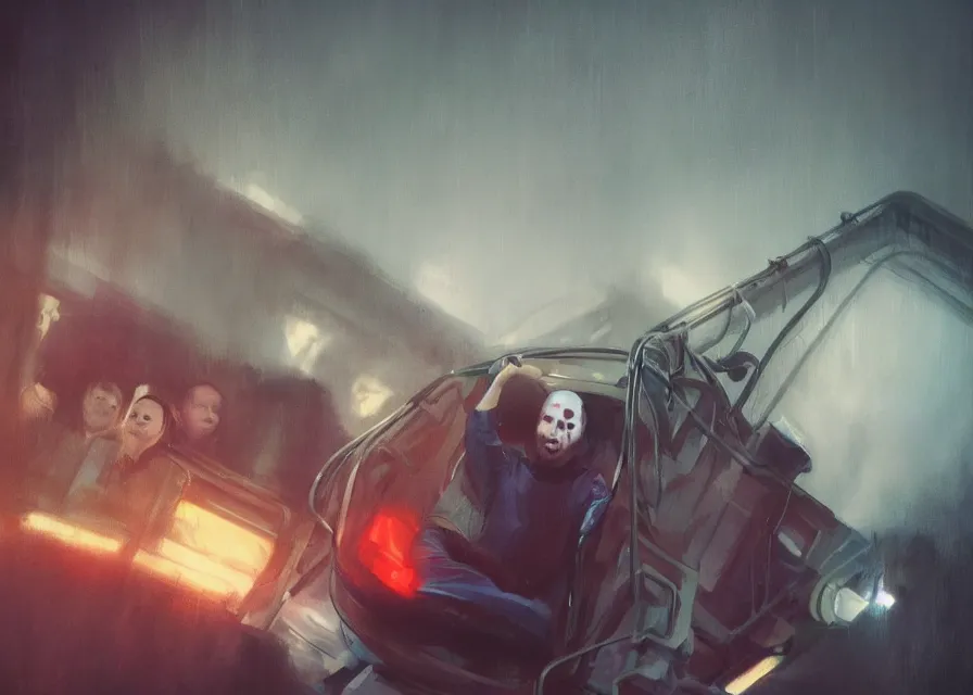 Image similar to portrait painting of Michael Myers having fun in a long roller coaster, sharp focus, wide shot, trending on ArtStation, masterpiece, by Greg Rutkowski, by Ross Tran, by Fenghua Zhong, octane, soft render, oil on canvas, colorful, cinematic, environmental concept art