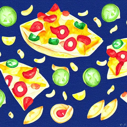 Prompt: watercolor nachos with cheese and jalapeno illustrations, white background, drawing, cartoon, in the style of shyama golden