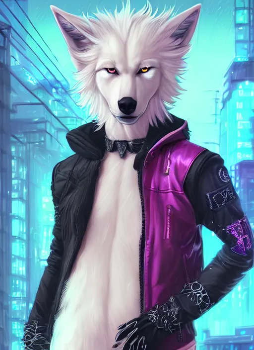 Image similar to award winning beautiful portrait commission of a male furry anthro albino wolf fursona with a tail and a cute beautiful attractive detailed furry face wearing stylish black, pink and blue cyberpunk biker clothes in a cyberpunk city at night while it rains. Character design by charlie bowater, ross tran, artgerm, and makoto shinkai, detailed, inked, western comic book art