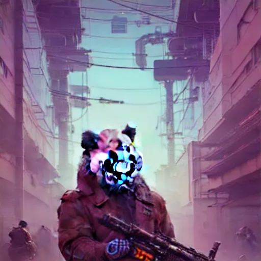 Image similar to cyberpunk synth, hyper - realistic portrait of a futuristic panda soldier, cyberpunk, intricate, lifelike, by atey ghailan, by greg rutkowski, by greg tocchini, by james gilleard, by joe fenton, by kaethe butcher, dynamic lighting, gradient light blue, brown, cinematic lighting color scheme, sharp focus, grunge aesthetic