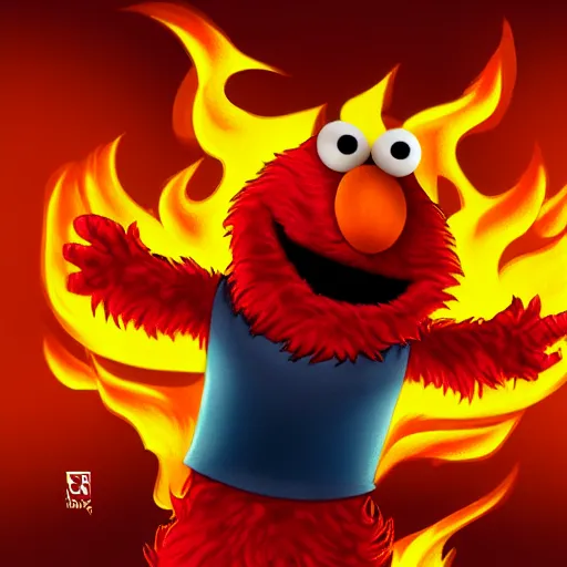 Prompt: Elmo raising his hands while the background is on fire, 4k, digitally drawn.