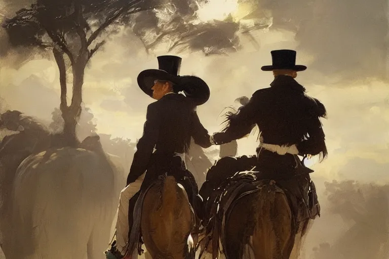 Image similar to portrait of a respectable dignified royal business elite politician wearing a top hat and coat tails riding on an emu, art by anders zorn, wonderful masterpiece by greg rutkowski, beautiful cinematic light, american romanticism by greg manchess, jessica rossier