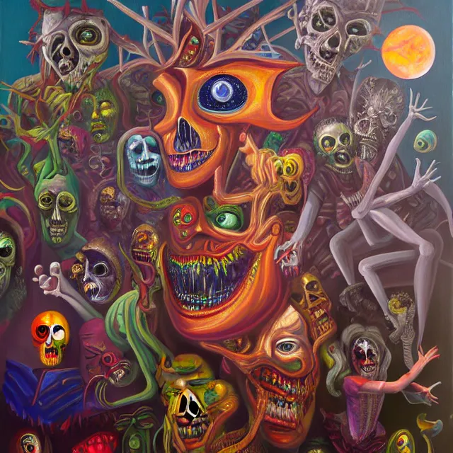 Prompt: an oil on canvas portrait painting of the carnival of nightmares, polycount, surrealism, surrealist, cosmic horror, high detail