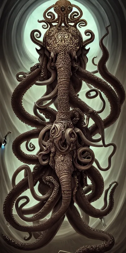 Prompt: mage guardian with elephant head and octopus body in ancient palace, tentacles, baroque, brutalist, mystical, highly detailed, sharp focus, artgerm, cgsociety