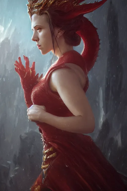 Image similar to a fancy portrait of Scarlett Johansson as a dragon queen by Greg Rutkowski, Sung Choi, Mitchell Mohrhauser, Maciej Kuciara, Johnson Ting, Maxim Verehin, Peter Konig, final fantasy , mythical, 8k photorealistic, cinematic lighting, HD, high details, atmospheric,