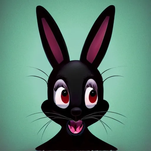 Image similar to A extremely highly detailed majestic hi-res beautiful, highly detailed head and shoulders portrait of a scary terrifying, horrifying, creepy black cartoon rabbit with scary big eyes, earing a shirt laughing, hey buddy, let's be friends, in the style of Walt Disney