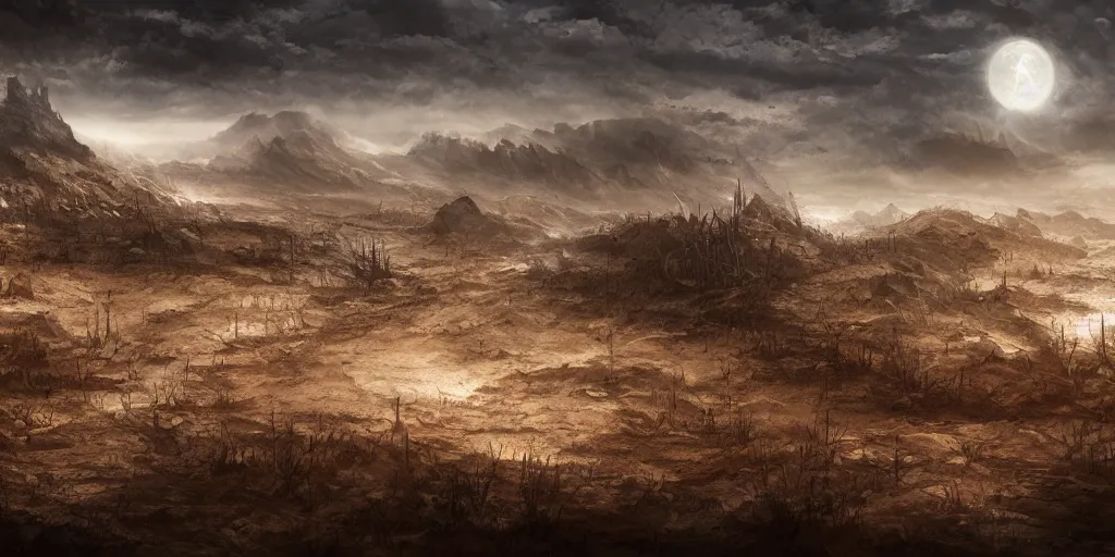 Image similar to barren landscape, apocalyptic fantasy, mmo, digital art, 4 k