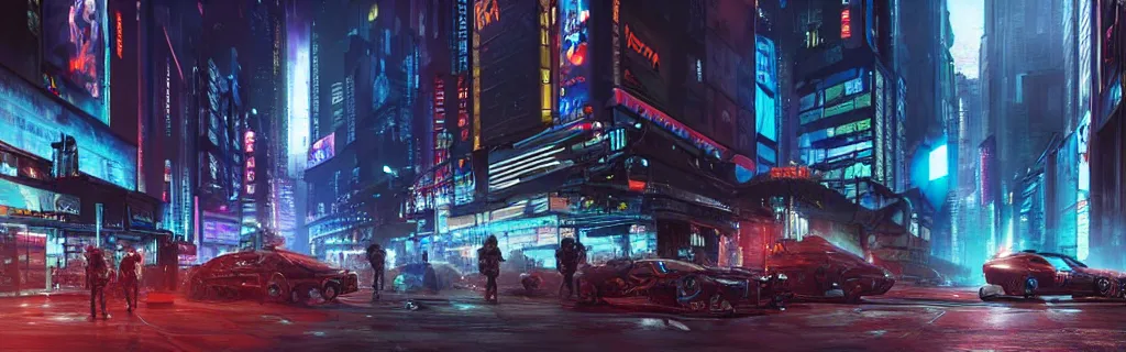 Image similar to a busy cyberpunk street with a heavy police presence. 8 k, epic cinematic hyperrealism masterpiece. realistic poster with shaded lighting by craig mallismo, artgerm, jeremy lipkin and michael garmash, unreal engine, radiant light, detailed and complex environment, digital art, art station trends, detailed, lens flare, motion blur