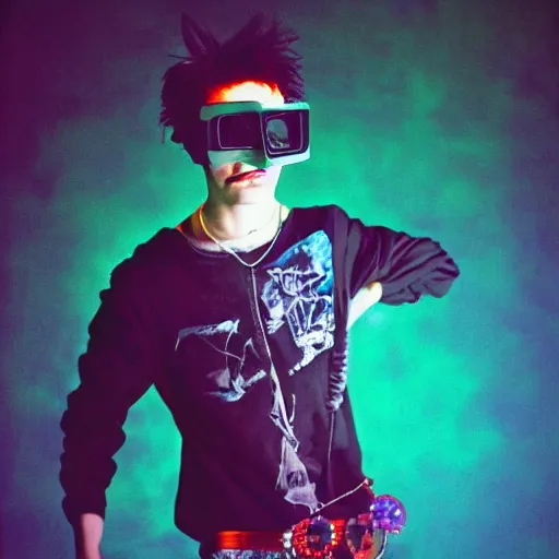 Image similar to kodak ektachrome e 1 0 0 photograph of a skinny nerdy goth guy with wild hair wearing goggles and eclectic jewelry, moody lighting, telephoto, 9 0 s vibe, rave background, vaporwave colors, faded!,