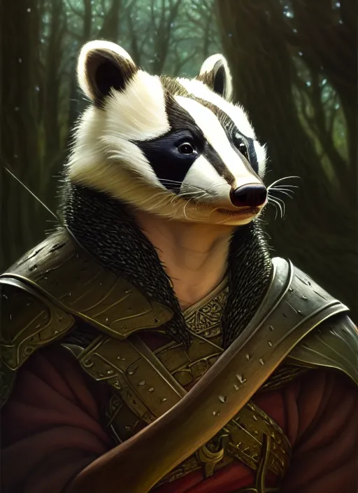 Image similar to a film still portrait of a badger elven king, finely detailed features, cinematic lighting, perfect art, brian jacques redwall woodland, forest, intricate, anime, gapmoe grimdark, artstation, trending on pixiv fanbox, painted by brian jacques greg rutkowski, studio ghibli, 4 k