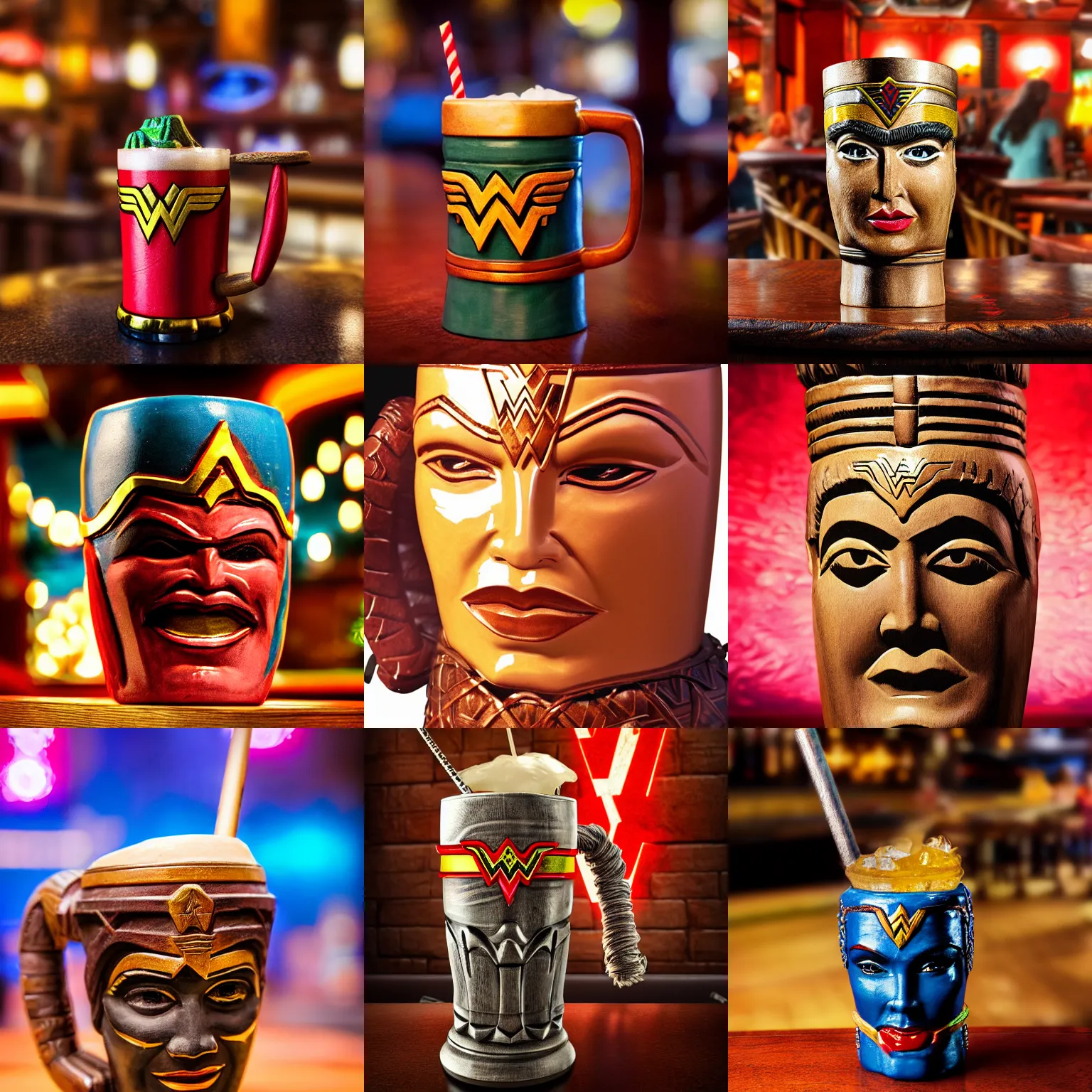 Prompt: a closeup photorealistic photograph of a wonder woman style tiki mug sitting at a trader vic's bar featuring wonder woman's face. tiki theme. bright scene. fine detail. this 4 k hd image is trending on artstation, featured on behance, well - rendered, extra crisp, features intricate detail, epic composition and the style of unreal engine.